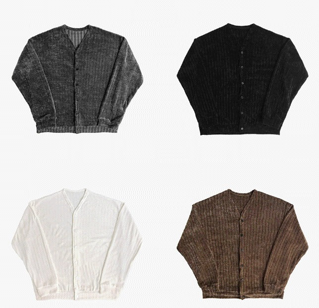 Velour Ribbed V-Neck Cardigan 4color