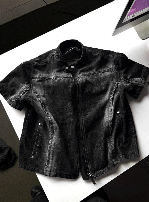 V-shaped cropped denim biker jacket