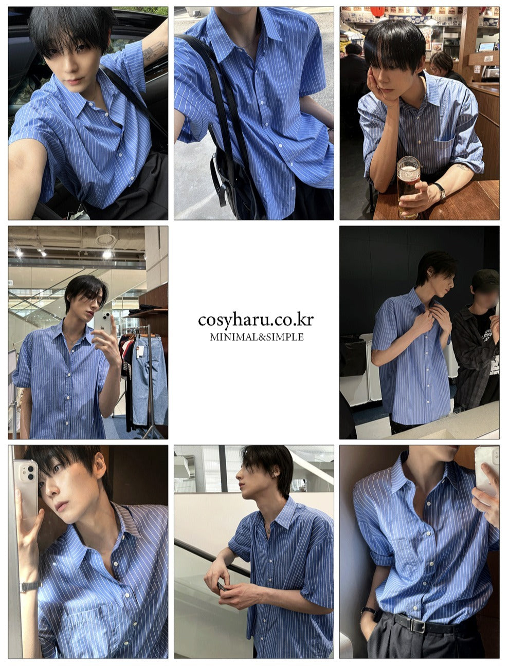 vintage blue stripe short-sleeved shirt