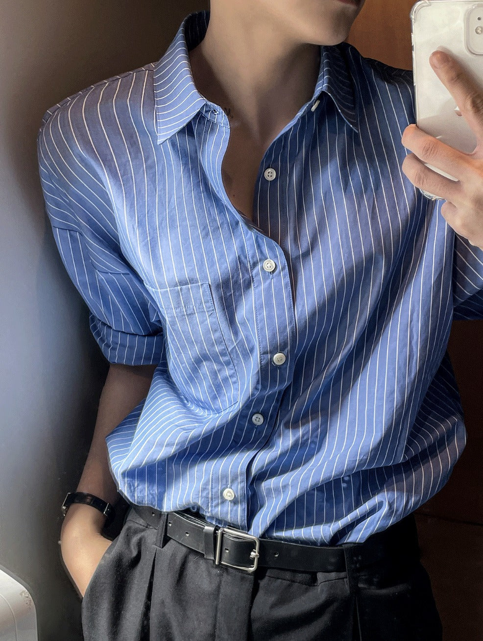 [COSYHARU公式]vintage blue stripe short-sleeved shirt vintage blue stripe short-sleeved shirt – cosyharu