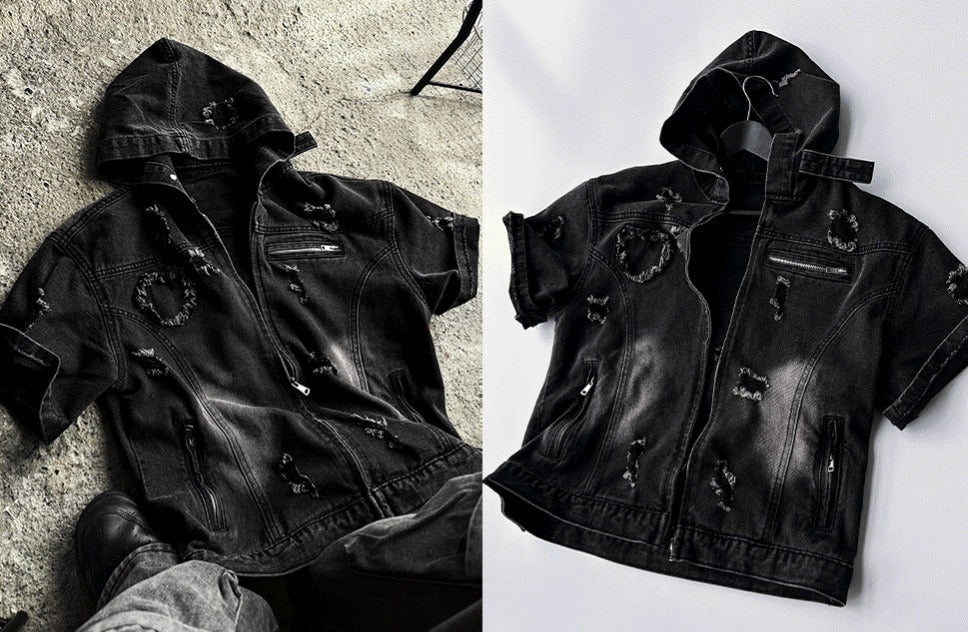 Cray Denim Short-sleeved Hooded Jacket