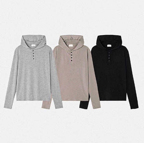 Henley Neck Hood Long-sleeve