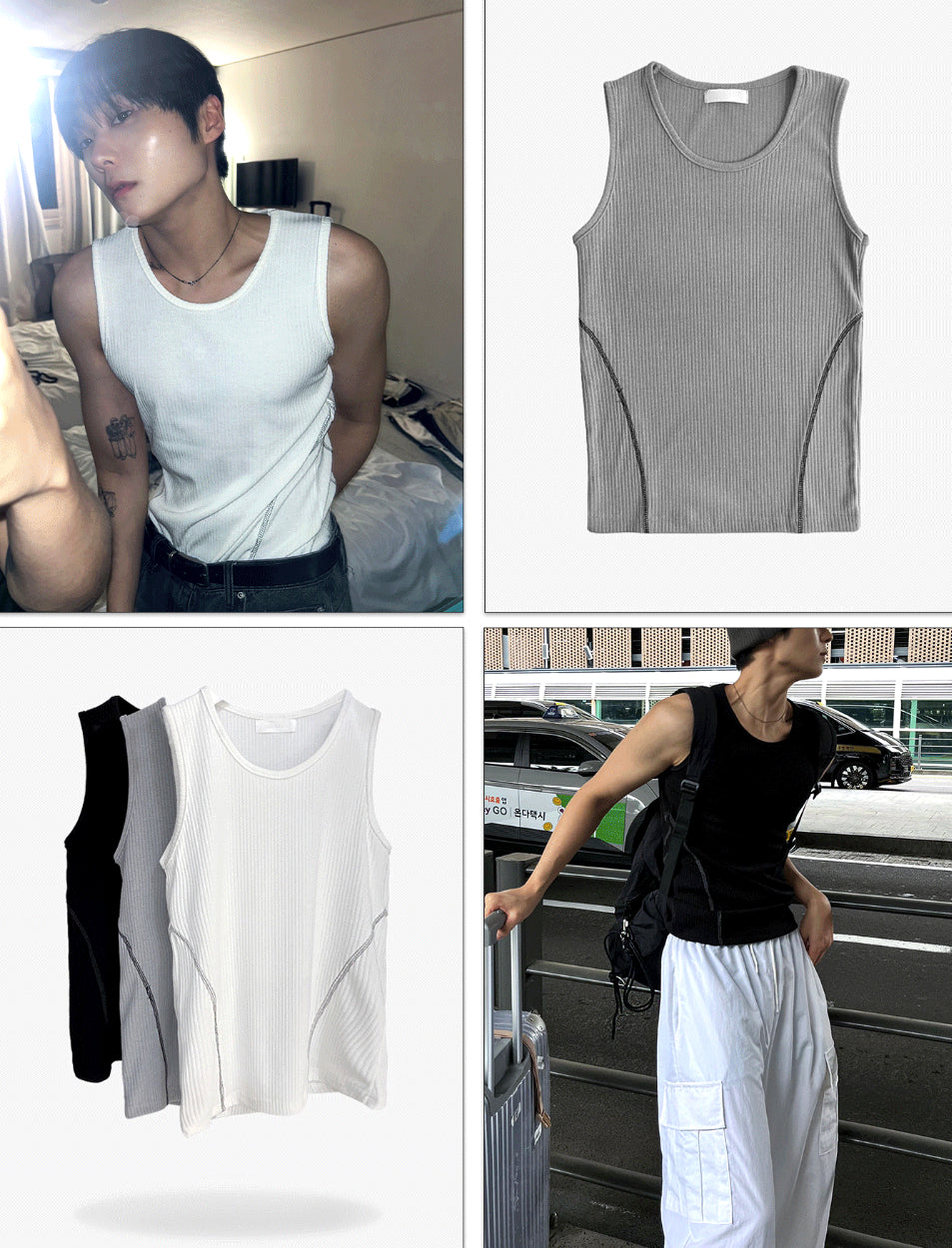 Muscle Fit Ribbed Tank Top with Side Stitching 3color