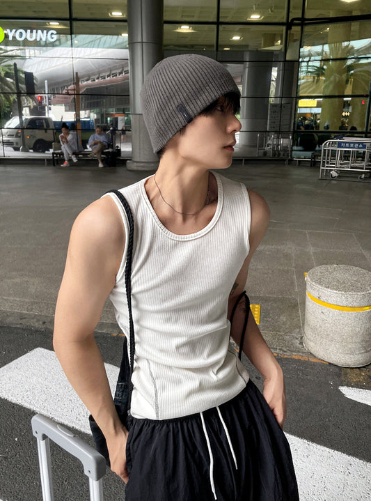Muscle Fit Ribbed Tank Top with Side Stitching 3color
