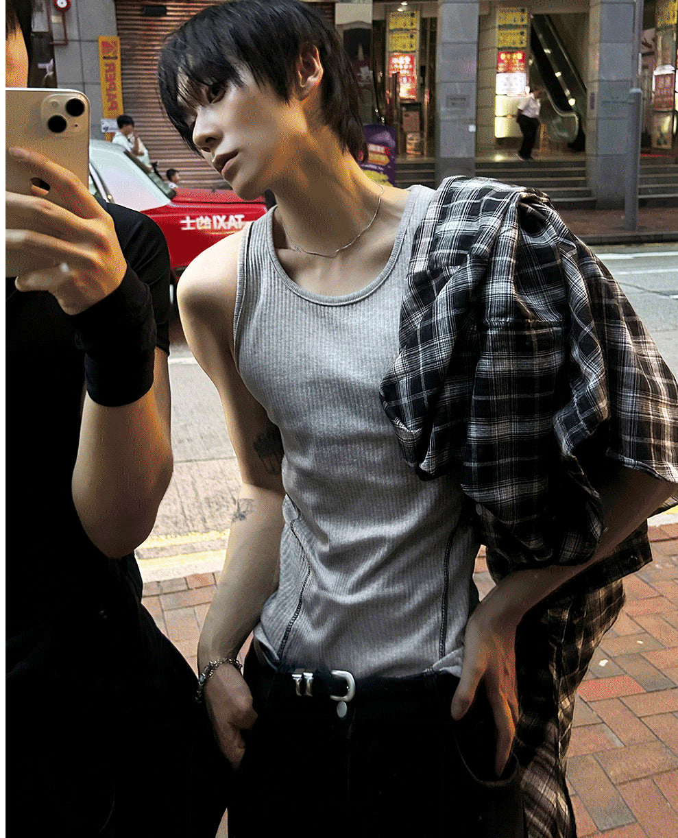 Muscle Fit Ribbed Tank Top with Side Stitching 3color