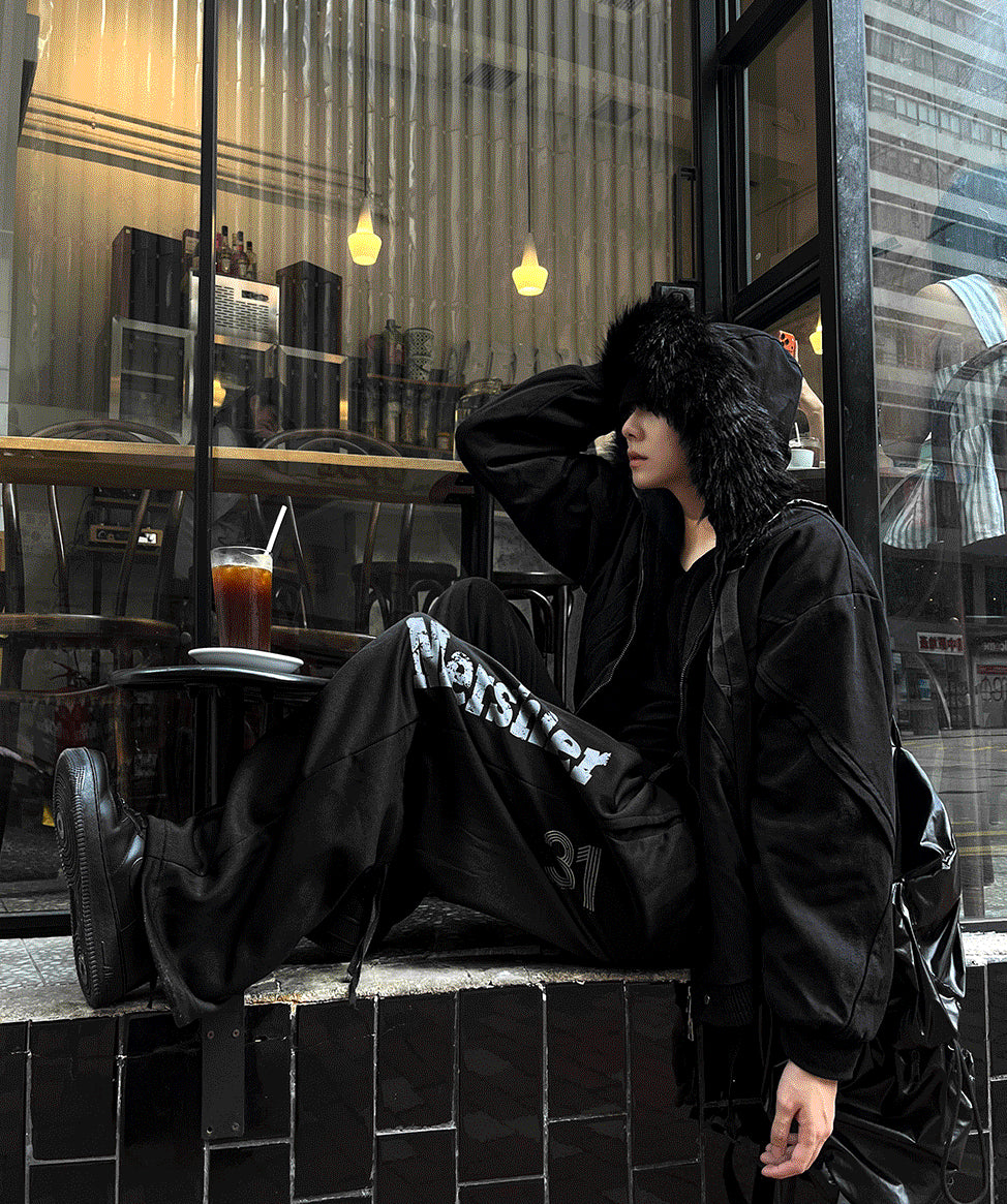 Black Semi-Crop Fur Silver Winter Jumper Jacket - Deep Black