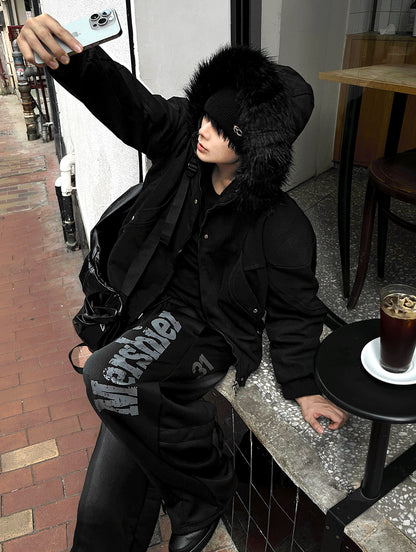 Black Semi-Crop Fur Silver Winter Jumper Jacket - Deep Black