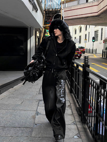 Black Semi-Crop Fur Silver Winter Jumper Jacket - Deep Black