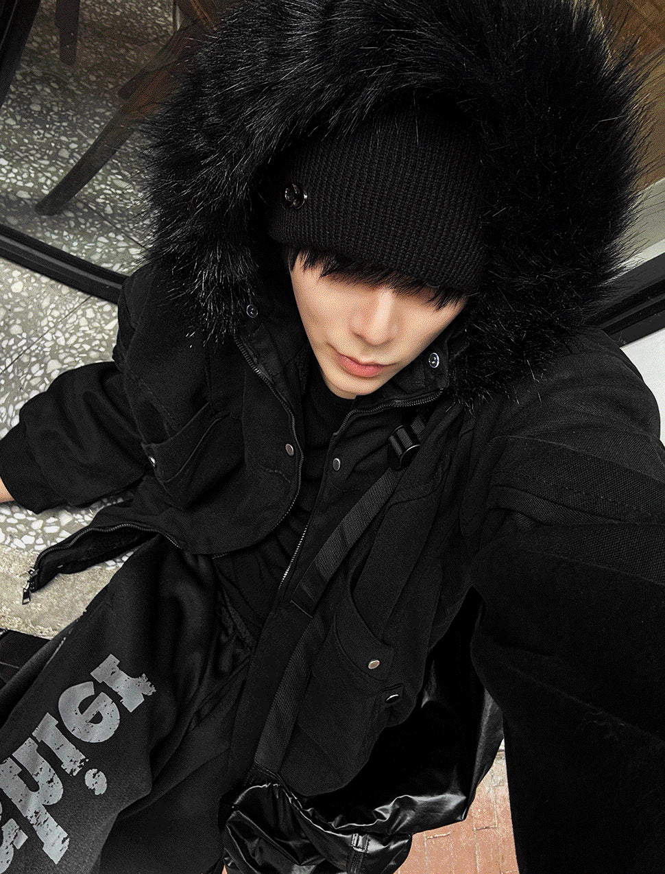 Black Semi-Crop Fur Silver Winter Jumper Jacket - Deep Black