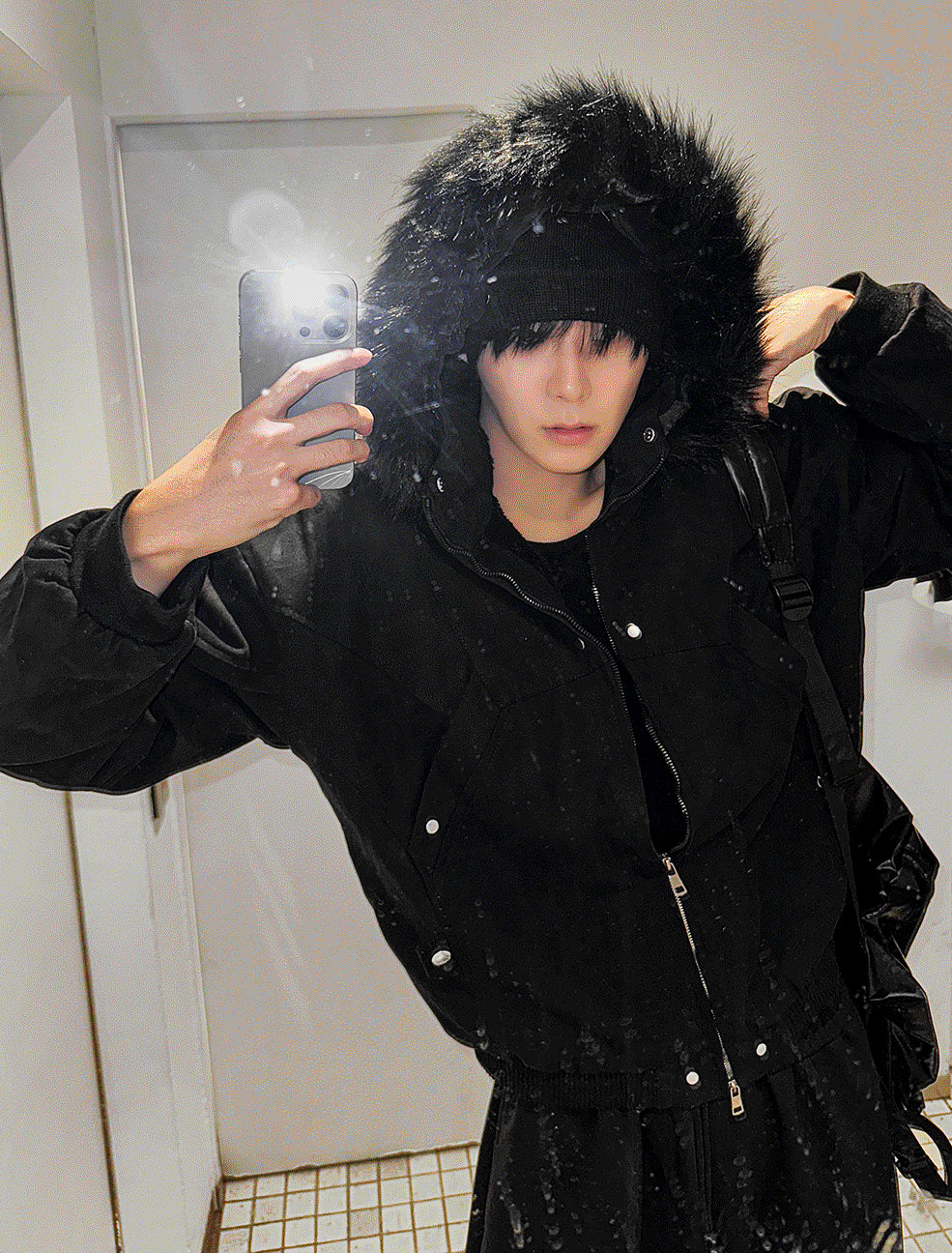 Black Semi-Crop Fur Silver Winter Jumper Jacket - Deep Black