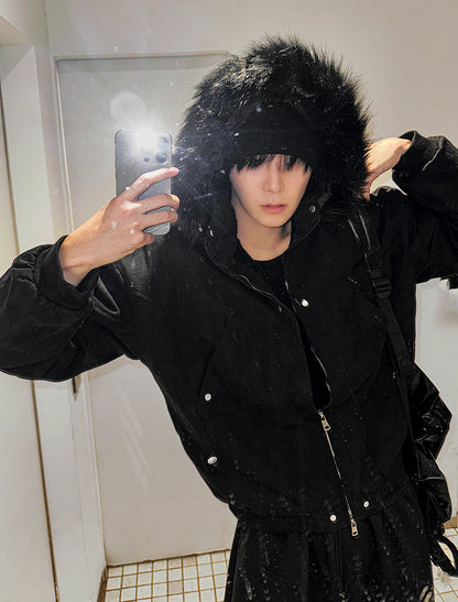 Black Semi-Crop Fur Silver Winter Jumper Jacket - Deep Black