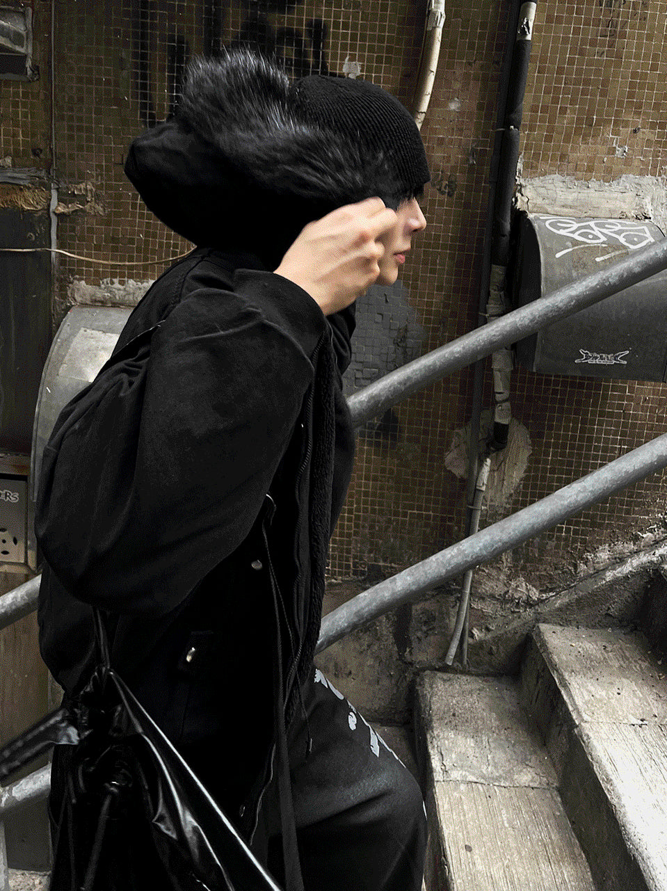 Black Semi-Crop Fur Silver Winter Jumper Jacket - Deep Black