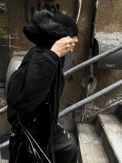 Black Semi-Crop Fur Silver Winter Jumper Jacket - Deep Black