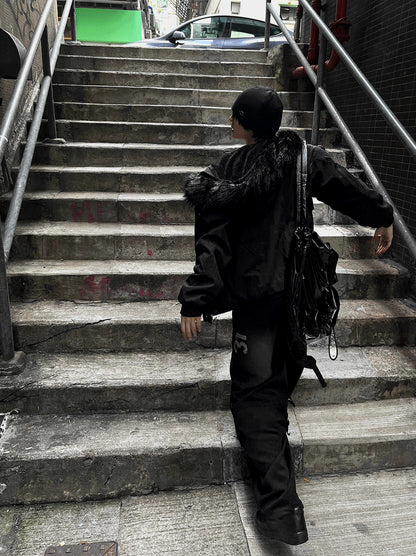 Black Semi-Crop Fur Silver Winter Jumper Jacket - Deep Black