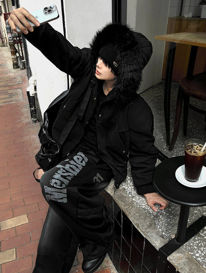 Black Semi-Crop Fur Silver Winter Jumper Jacket - Deep Black