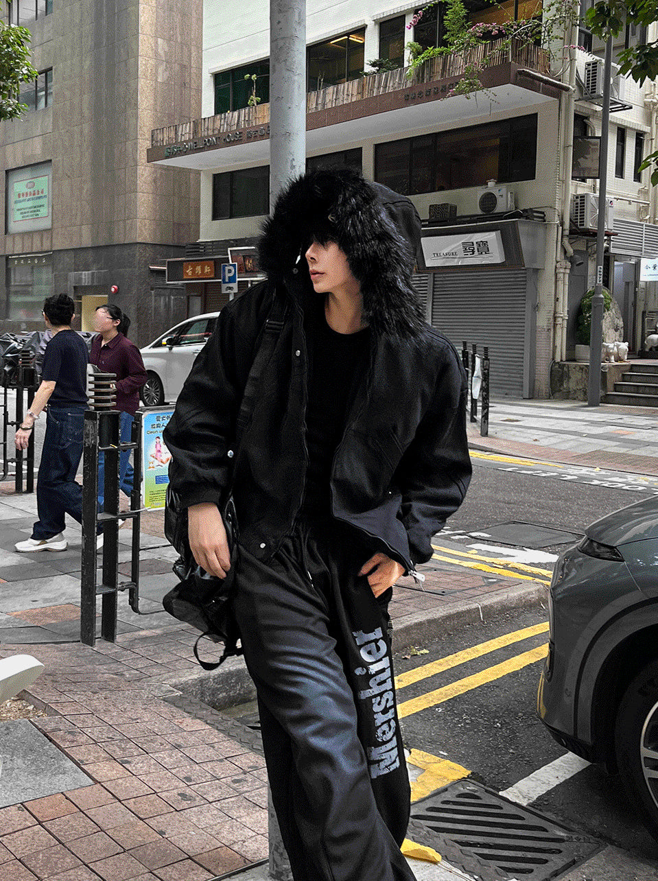 Black Semi-Crop Fur Silver Winter Jumper Jacket - Deep Black