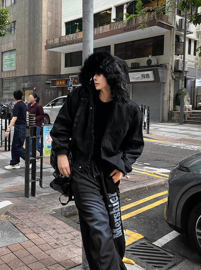 Black Semi-Crop Fur Silver Winter Jumper Jacket - Deep Black