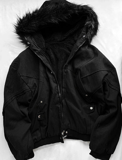 Black Semi-Crop Fur Silver Winter Jumper Jacket - Deep Black