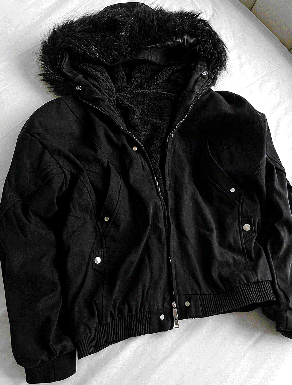 Black Semi-Crop Fur Silver Winter Jumper Jacket - Deep Black