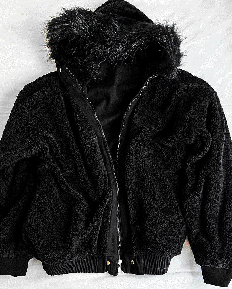 Black Semi-Crop Fur Silver Winter Jumper Jacket - Deep Black