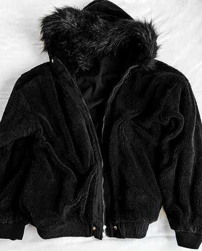 Black Semi-Crop Fur Silver Winter Jumper Jacket - Deep Black