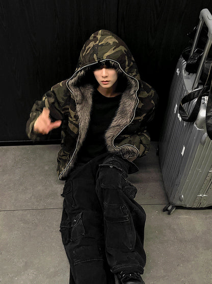 Dark camo semi-crop hooded fur jumper! + dark brown fur trim