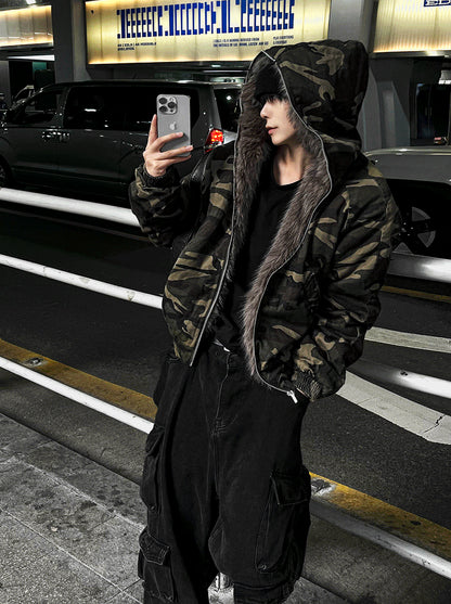 Dark camo semi-crop hooded fur jumper! + dark brown fur trim