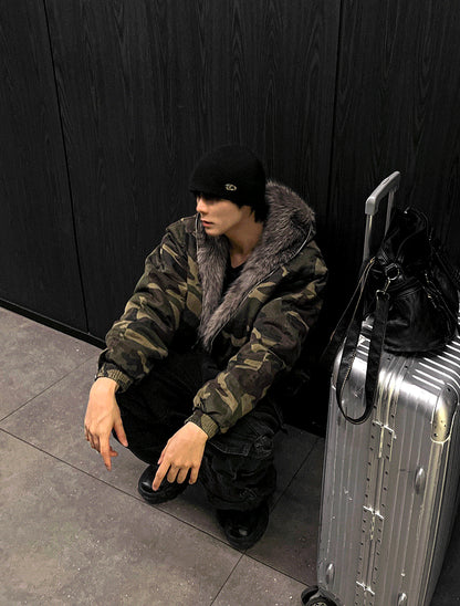 Dark camo semi-crop hooded fur jumper! + dark brown fur trim