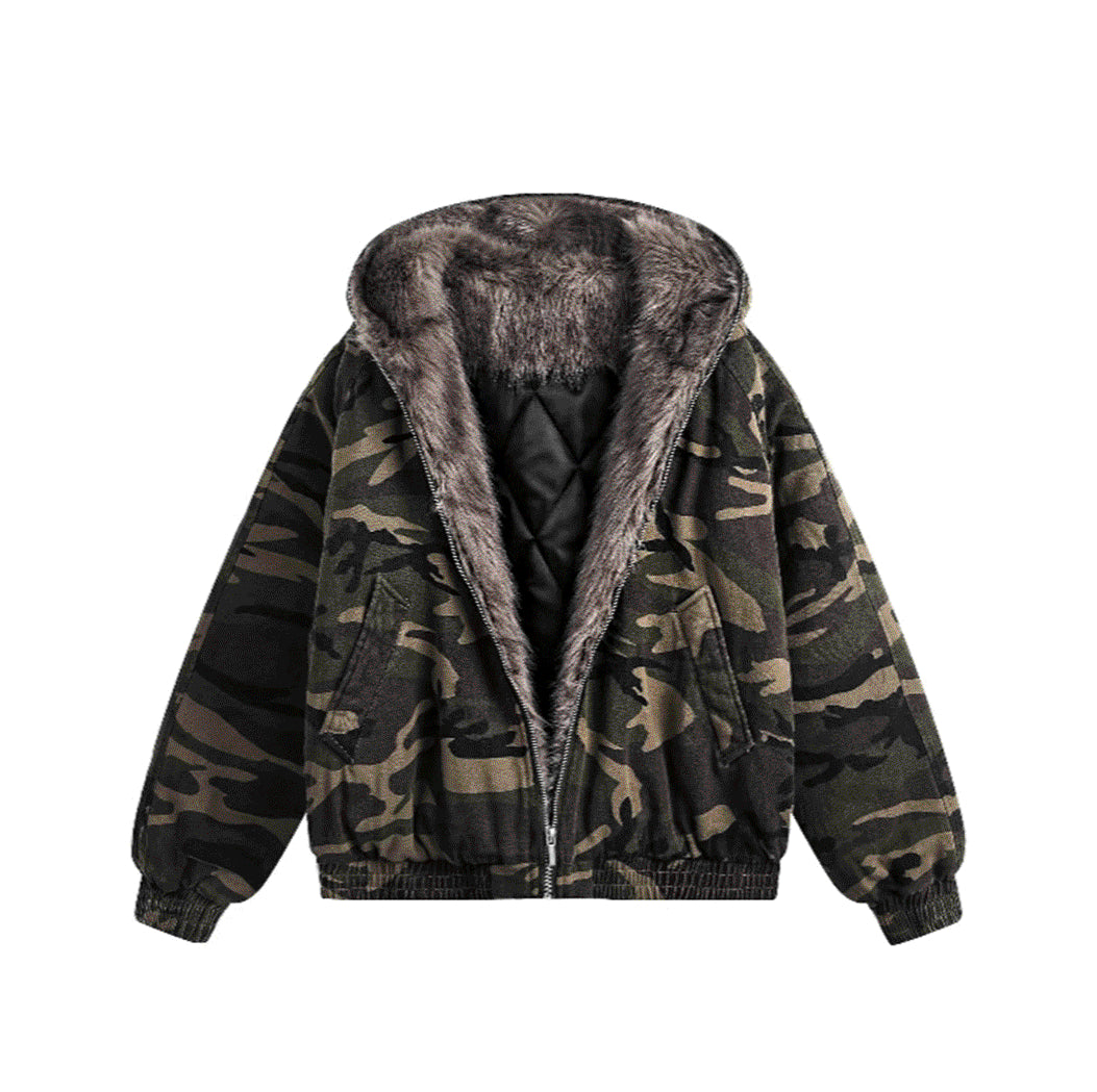 Dark camo semi-crop hooded fur jumper! + dark brown fur trim