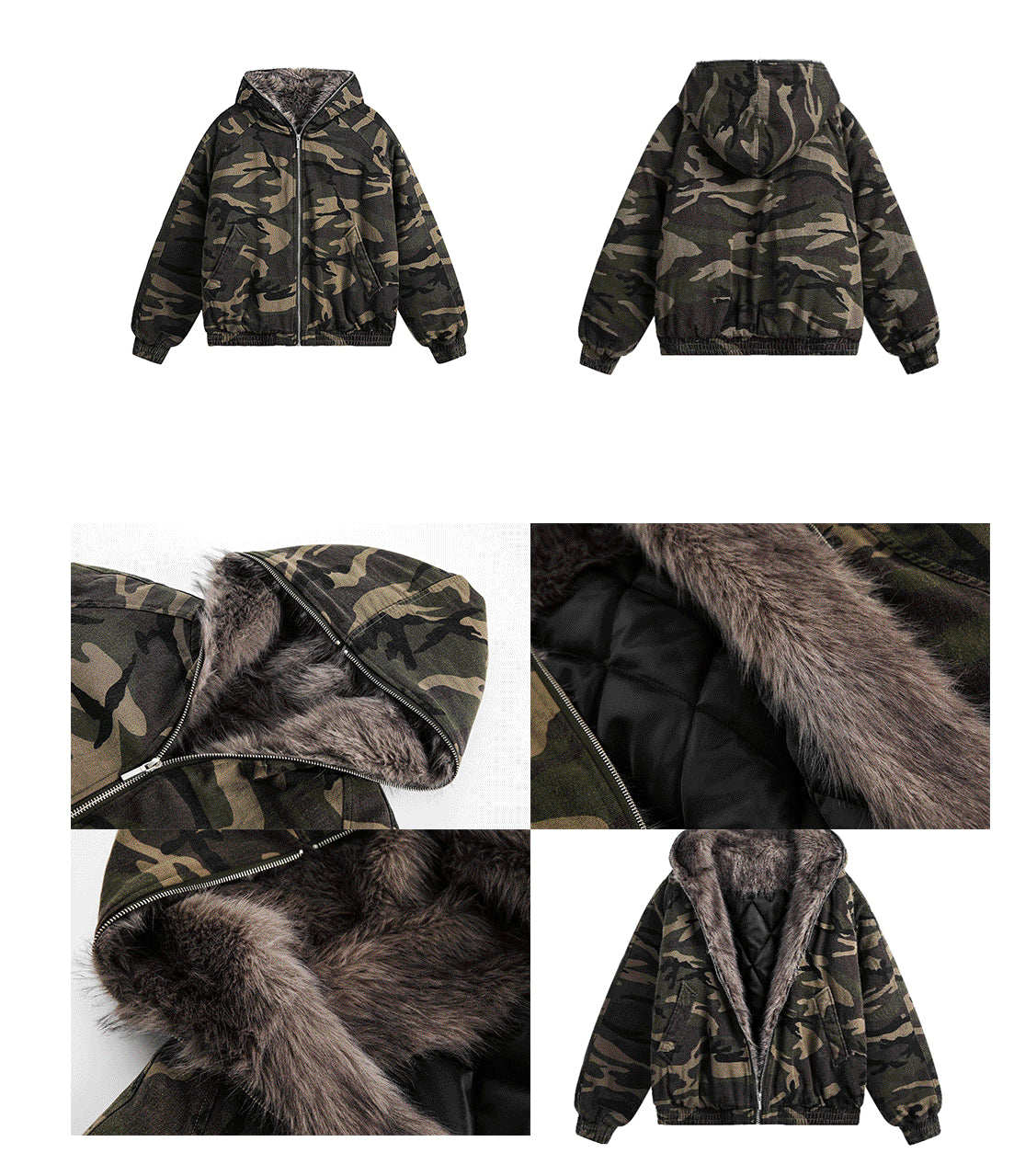 Dark camo semi-crop hooded fur jumper! + dark brown fur trim