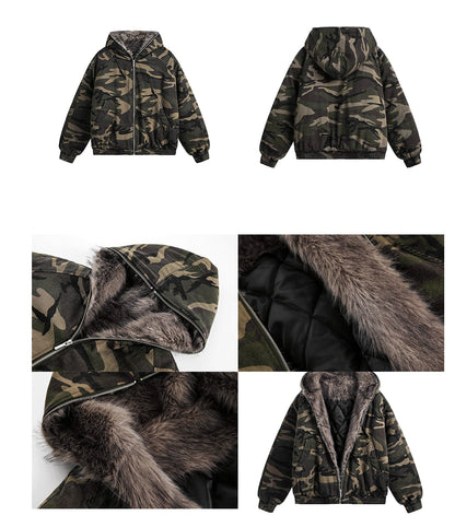 Dark camo semi-crop hooded fur jumper! + dark brown fur trim