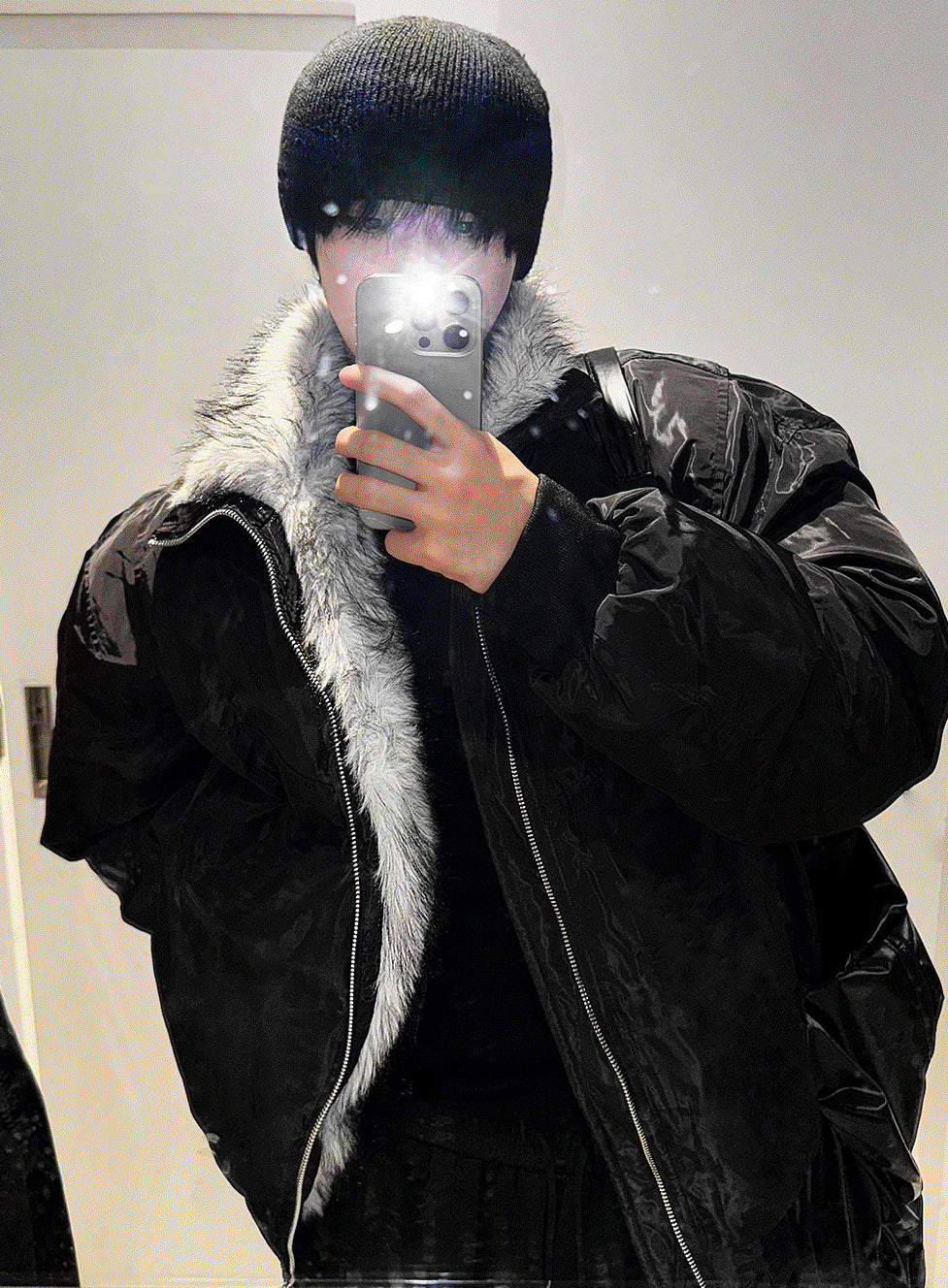 Shaggy Deep Black Winter Jumper + White Silver Black Fur