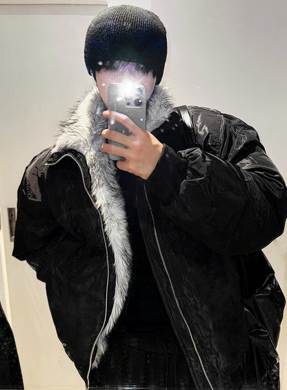 Shaggy Deep Black Winter Jumper + White Silver Black Fur