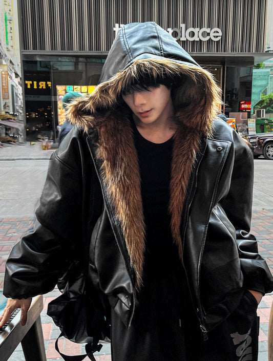 Zeoni fur trim hooded dark black leather jumper