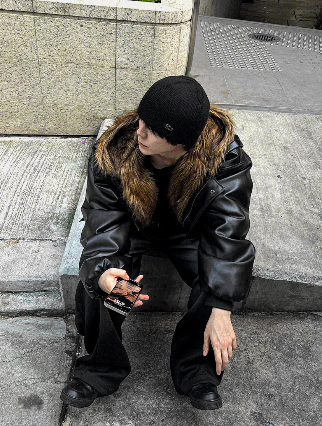 【COSYHARU】ブラック　イミテーションレザージャケット コシハル ブラック（黒）系 COSYHARU(コシハル) レザージャケット(メンズ