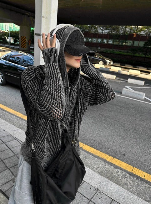 Dyed Distressed Mesh Hooded Zip-Up Jacket