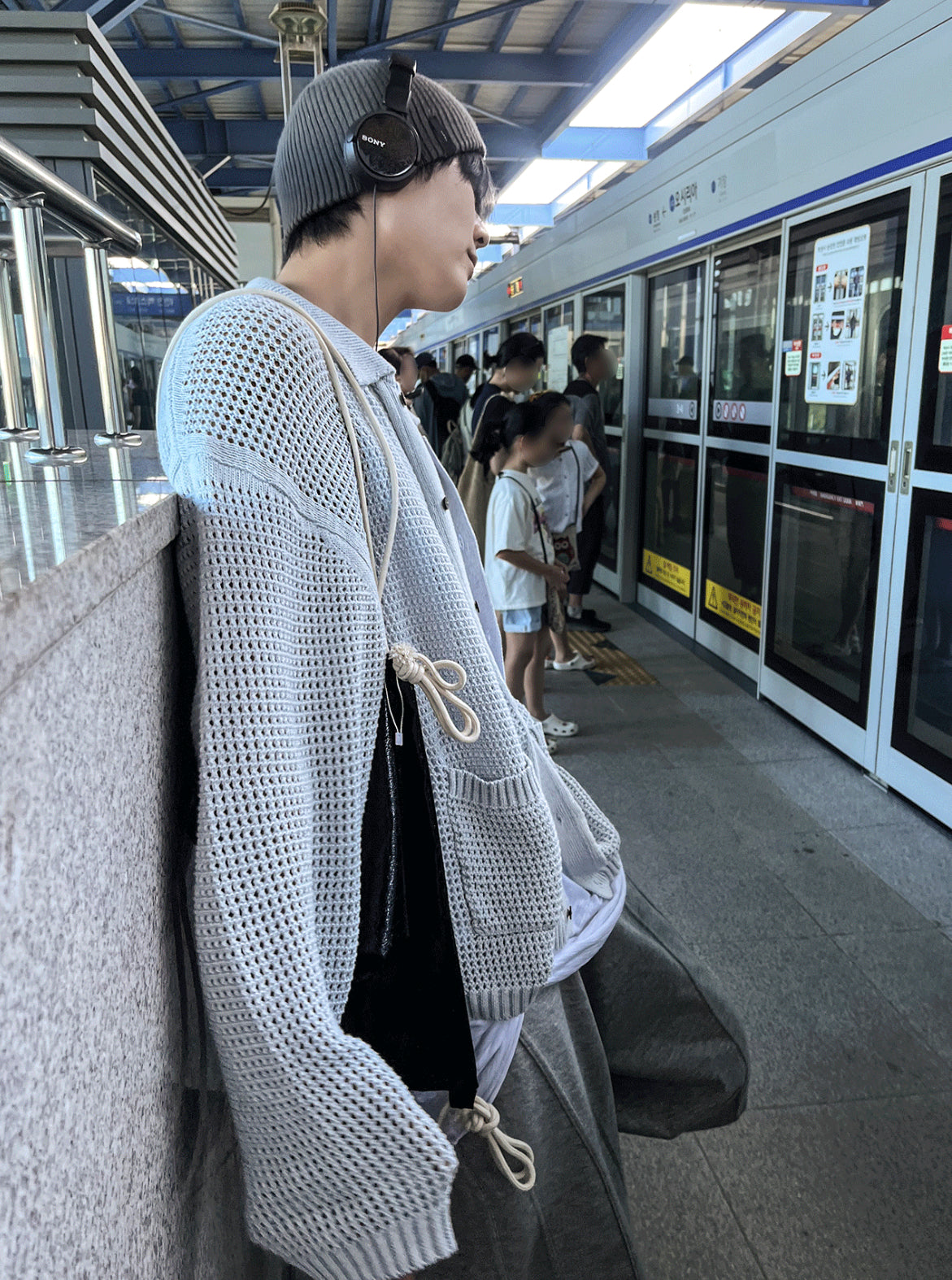 Linen Waffle Two-Tone Knit Cardigan