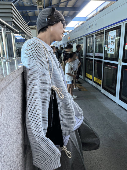 Linen Waffle Two-Tone Knit Cardigan