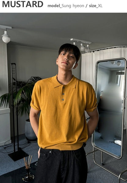 Three-Button Collar Short Sleeve Knit