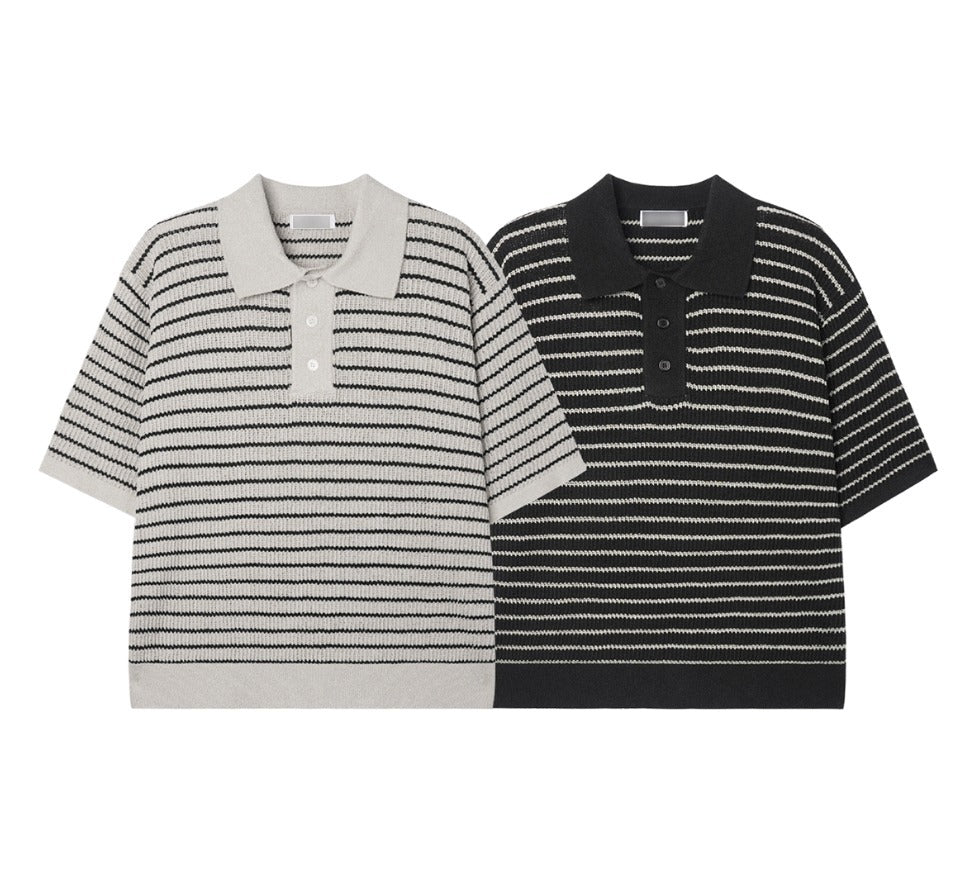 lewen stripe collar short-sleeved knit
