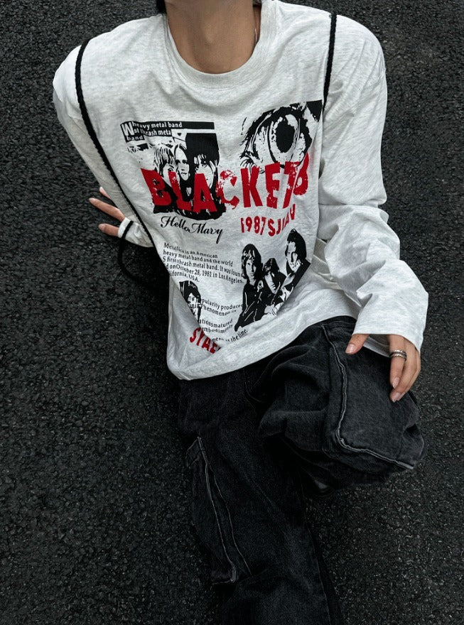 Metal printing long-sleeved loose fit T-shirt