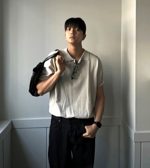 Three-Button Collar Short Sleeve Knit