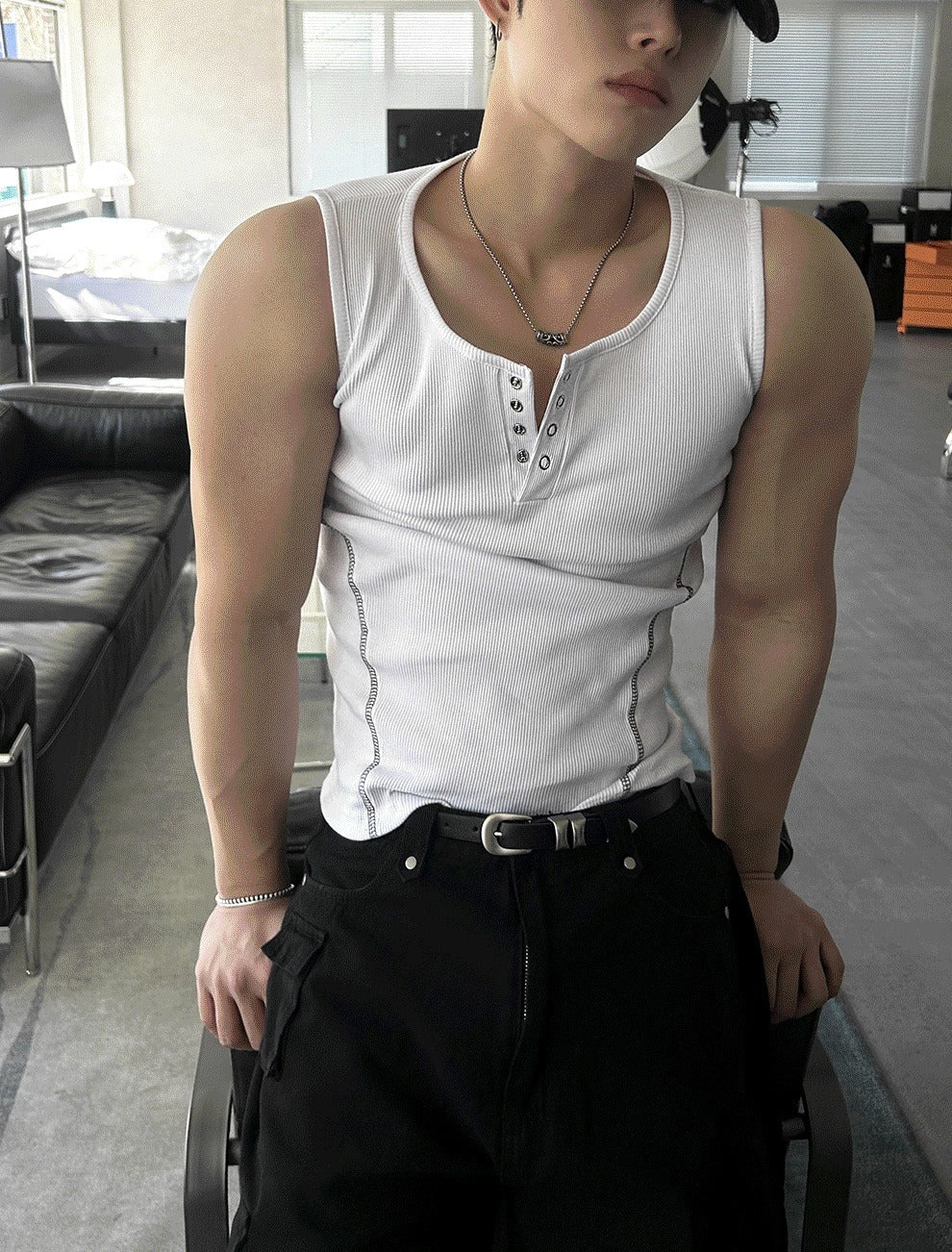 Henley Neck Side Track Muscle Fit Sleeveless