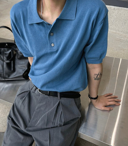 Three-Button Collar Short Sleeve Knit