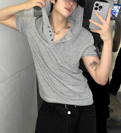 Henley Neck Short-Sleeve Hoodie