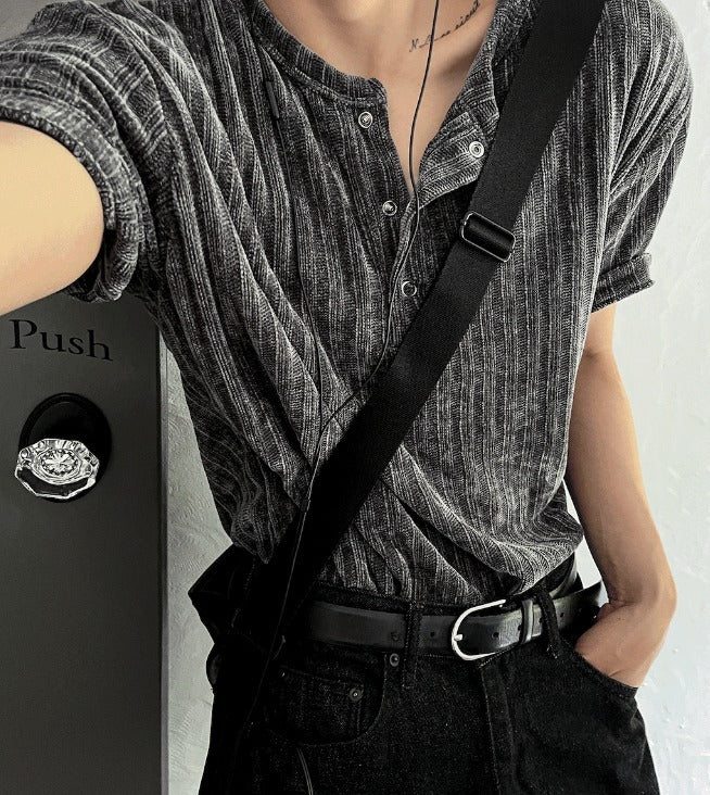 velour corduroy henly-neck short sleeve knit