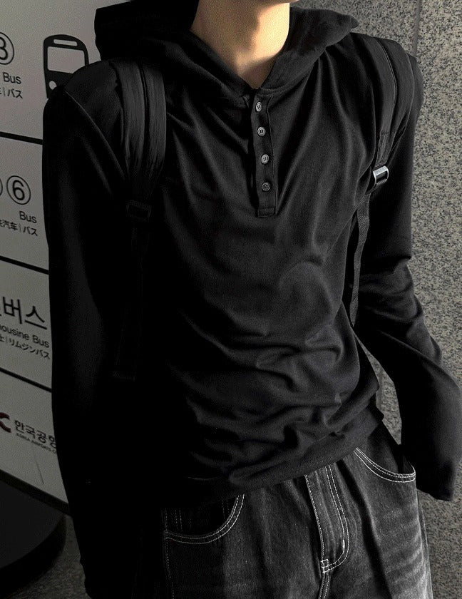 Henley Neck Hood Long-sleeve