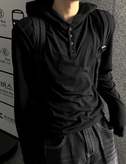 Henley Neck Hood Long-sleeve