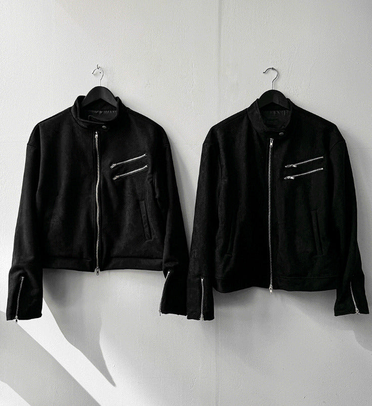 Dutzby Double Zipper Tweed Suede Biker Jacket