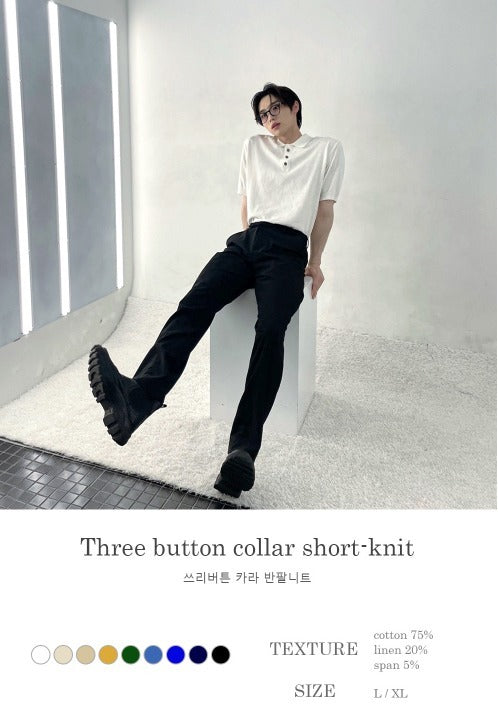 Three-Button Collar Short Sleeve Knit